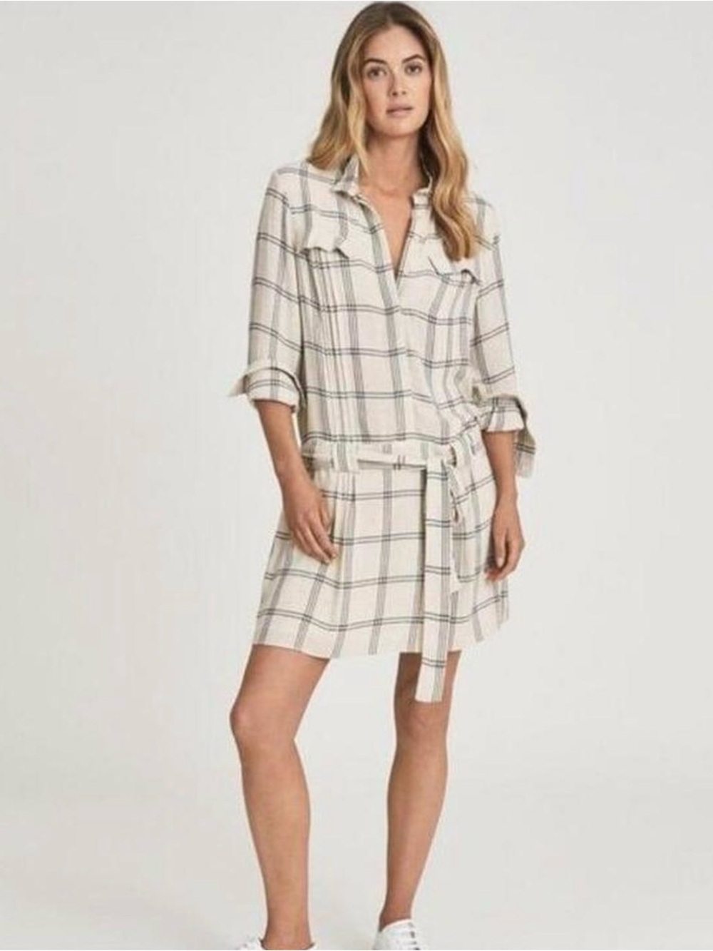 Reiss Cream Plaid Mini Shirt Dress
